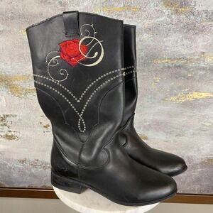 Lady Carol Boots Womens Size 6.5 Black Leather Western Rose Embroidered Mid Calf